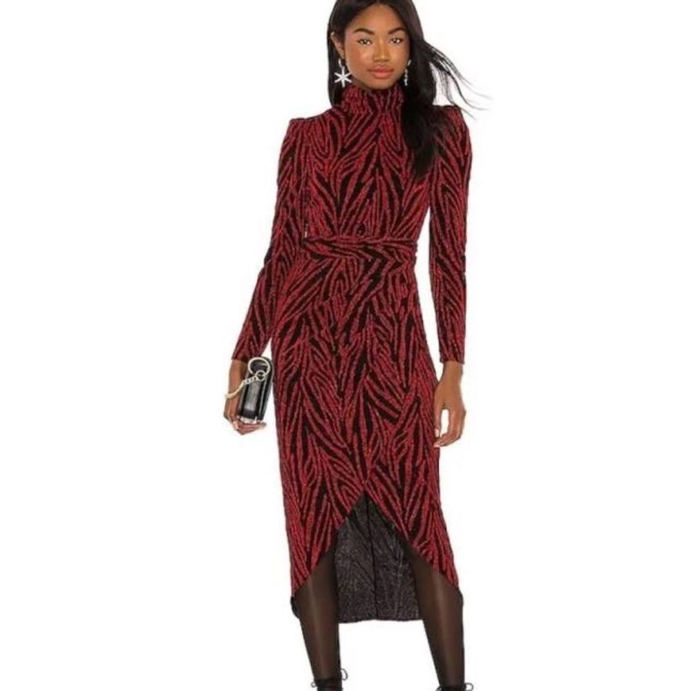 Saylor Meryl Red/Black Sparkly‎ Lurex Jersey High Neck Midi Dress Sz S